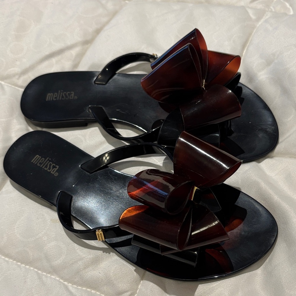 Melissa Women's Black Rubber Sandals with Brown Bow Size 35/36